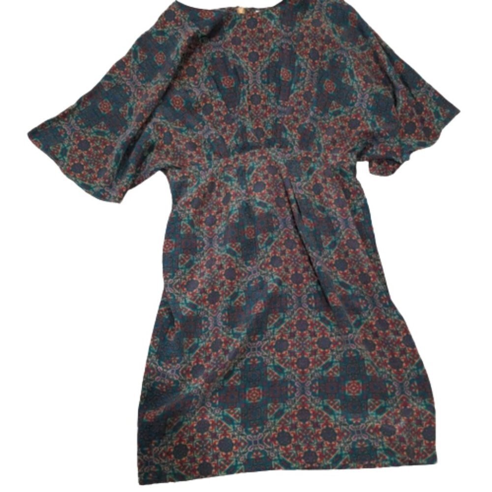 Nieves Lavi Vintage 100% silk dress green red pattern size 2